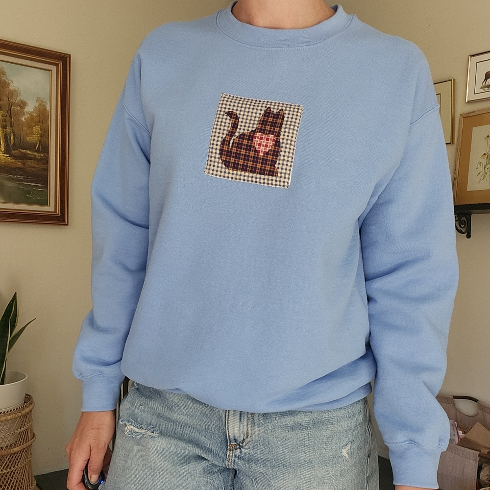 Patchwork Cat Blue Crewneck Sweater